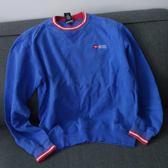 Diesel Blue Sweatshirt w/ Red & White Collar 100% Cotton Made in Greece Size S - Picture 1 of 11